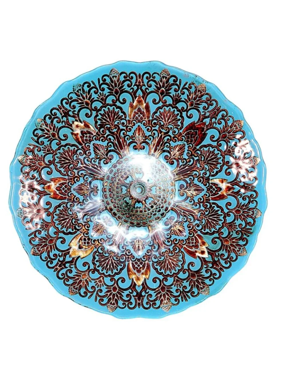 Turkish Glass Decorative Bowl Teal Blue Bronze Embossed Mandala Ornate-Gorgeous